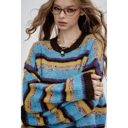 Fairy's Pocket Retro Striped Contrast Color Sweater Women's 2025 Autumn New Lazy Style Soft Waxy Wool Knitted Top Brown Stripe M