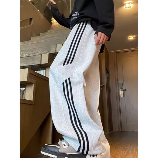 BAA AND BAA American style sweatpants men's autumn and winter trendy American casual men's pants drapey loose wide leg straight sports pants white gray plus velvet-S400LPH plus velvet XL Recommended 120Jin Jin equals 0.5kg -135Jin Jin equals 0.5kg