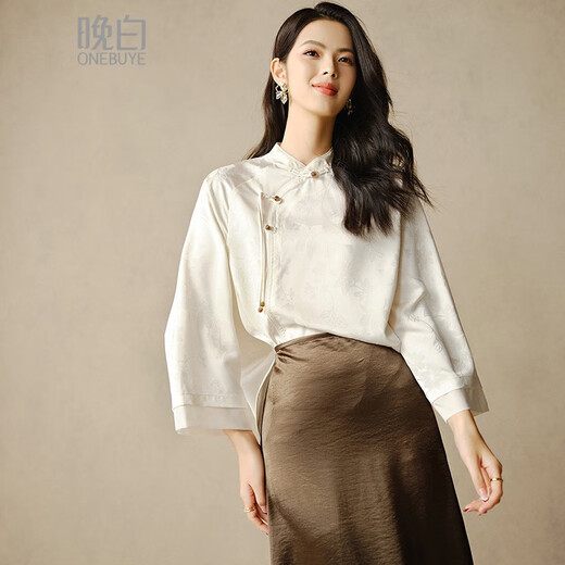 Late white new product 2025 autumn fashionable light Chinese shirt casual national style light mature jacquard shirt for women apricot XL