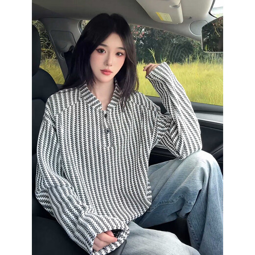 Cantu herringbone pattern American Henry collar sweatshirt men's spring and autumn heavyweight long-sleeved T-shirt houndstooth bottoming shirt white 2XL