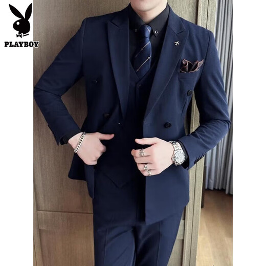 Playboy double-breasted suit suit men's plus size groom wedding dress three-piece youth business formal casual suit khaki suit + pants L (110-120Jin Jin equals 0.5 kg)