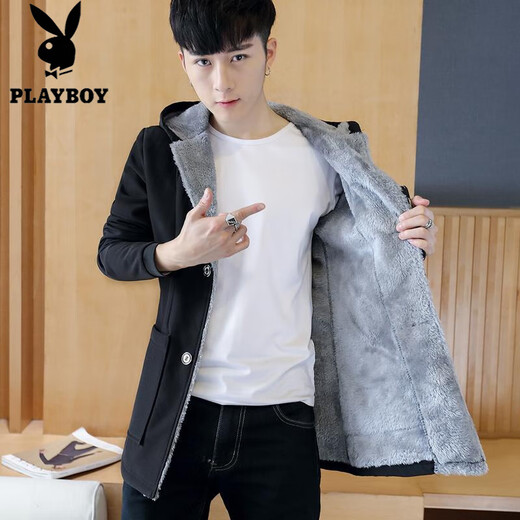 花花公子（PLAYBOY）加绒风衣男士外套夹克中长款连帽棉衣加厚大衣韩版潮流袄子秋冬装 蓝色扣子款 加绒 6XL 190-215斤