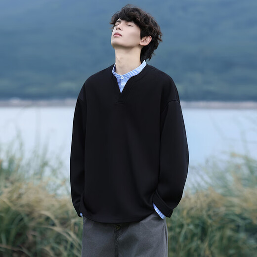 Dingfengbaoluo sweatshirt men's spring American casual fake two-piece loose retro shirt collar top DP02 ultimate black 3XL