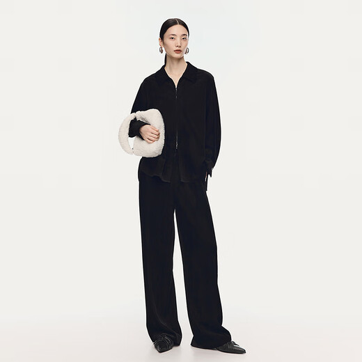 AUM shopping mall same style AUM 2025 winter new corduroy casual zipper shirt black trousers black top S