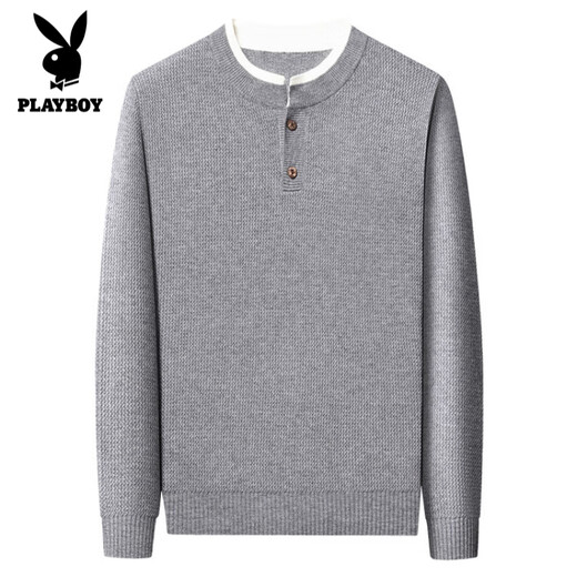 Playboy (PLAYBOY) high-end Henry collar sweater men's autumn new casual pullover button sweater with underlay shirt for men, light gray XL