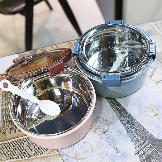 Ye Yu Korean version 304 stainless steel insulated lunch box with lid spoon dormitory instant noodle bowl office worker student lunch box water-filled insulated round lunch box single layer blue 1.2L