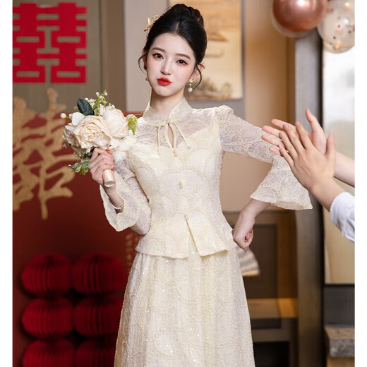 Libaixin new Chinese style light national style suit skirt women's high-end two-piece cheongsam engagement dress champagne color bridal toast dress champagne color M recommended 90-100Jin Jin equals 0.5 kg