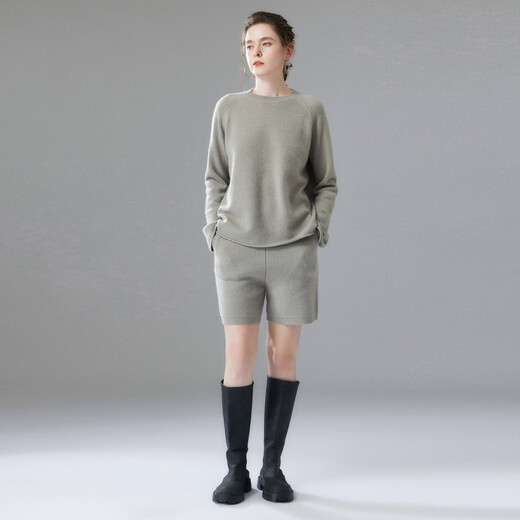 Mushi Cashmere Suit Women's Cashmere Sweater and Cashmere Shorts Women's Autumn and Winter New Knitted Suit Cashmere Sweater Thick AS551 Gray Green M