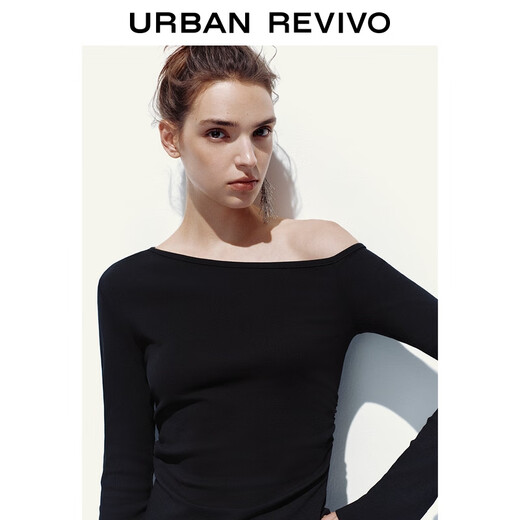 UR2025 new autumn women's urban vacation slanted shoulder collar pleated slim short T-shirt UYY450293 black S