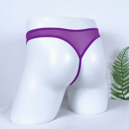 Men's sexy underwear U convex back hollow single thong transparent mesh thong nightclub men's JJ seamless T-pants purple one size fits all elastic waist 2 o'clock 0-2 o'clock 8 feet