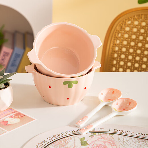 Girly Heart Strawberry Double-Eared Bowl and Spoon Thickened Soup Bowl Salad Bowl Rice Bowl Household Bowl High-Looking Underglaze Color Tableware Light Pink Strawberry Double-Eared Bowl (1 Bowl 1 Spoon) 2-piece Set