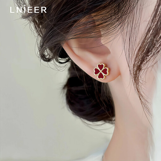 Lnieer red four-leaf clover earrings for women S925 silver needle 2025 new popular earrings niche design high-end earrings four-leaf clover earrings 925 silver needle