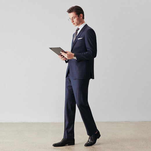 By Creations 130S High Count Pure Wool Dark Plaid Business Suit Suit Men's Professional Commuting Formal Wedding Suit Navy Blue 50