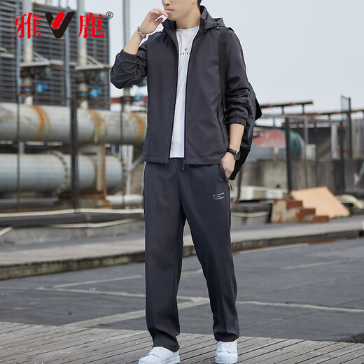 Yalu sports suit men's spring and autumn jacket men's trendy middle-aged and elderly jackets casual trousers handsome tops two-piece set black XL recommended 125-140Jin Jin equals 0.5 kg