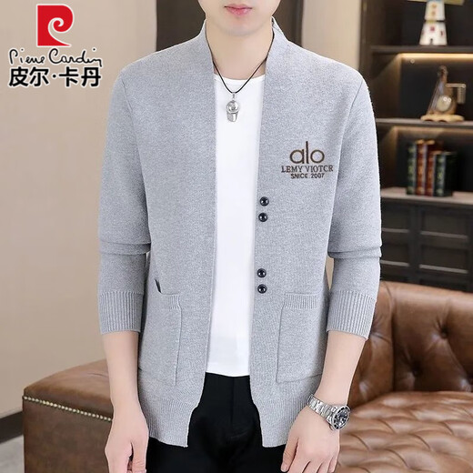 Pierre Cardin high-end wool knitted cardigan jacket for men spring and autumn new style fashionable and versatile outer wear long-sleeved sweater gray 2XL recommended 150-165Jin Jin equals 0.5 kg