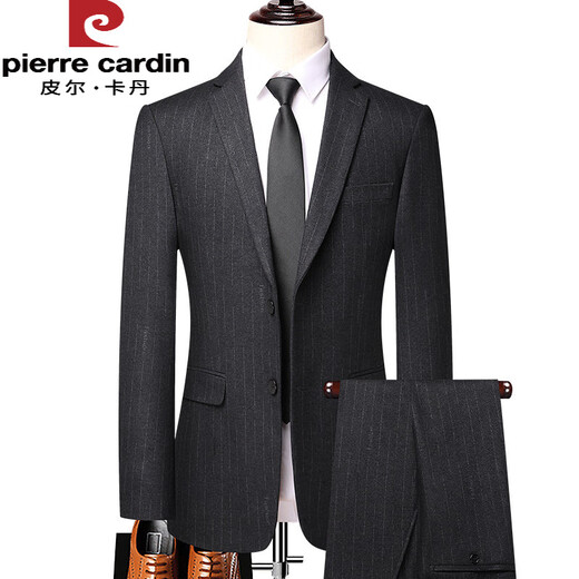 Pierre Cardin 2025 Spring and Autumn New Men's Business Casual Suit Suit Black Gray Vertical Stripe Professional Suit Jacket Black Gray Suit 2XL 185