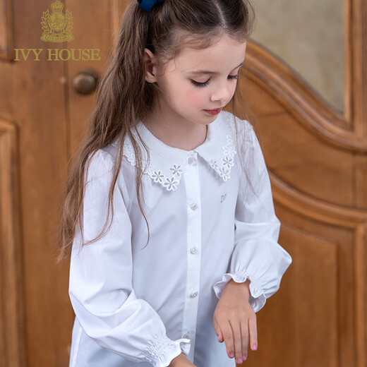 IVY HOUSE girls and older children's new spring and autumn bottoming shirts long-sleeved white shirts embroidered collar cotton parent-child tops 160