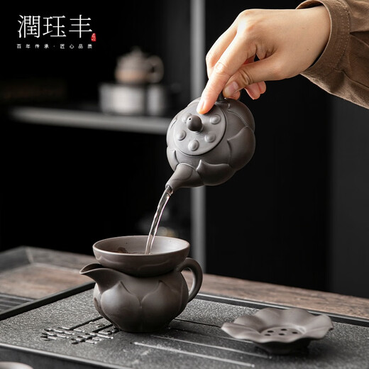 Runjuefeng high-end purple clay tea set home Chinese style tea bowl office cover bowl teapot tea cup tea set gift box 16 pieces purple clay tea set - lotus teapot + cover bowl