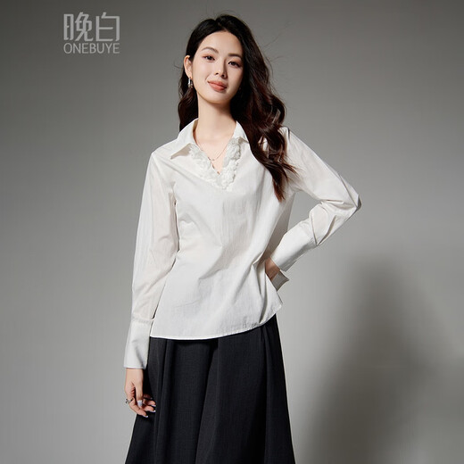 Late white off-size clearance temperament V-neck cotton shirt temperament lace collar light mature style shirt for women white L