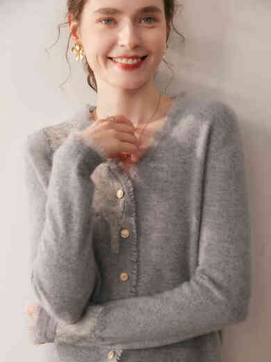 SENLIYA international light luxury high-end cashmere sweater lace jacquard v-neck cashmere cardigan women's style knitted sweater jacket white M