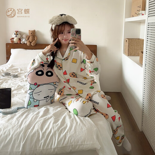 Gong Die Light and Soft Crayon Shin-chan Spring and Autumn Pajamas Couple's Wear Long Sleeve Cartoon Cute Full Print Home Clothes for Men