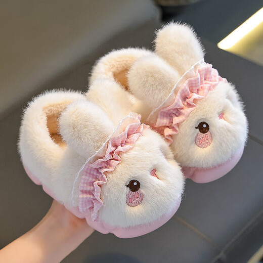 Rabbit Children's Cotton Slippers for Boys Winter Cartoon Cute Non-Slip Indoor Bath Soft Soled Baby Slippers Upgraded Eco-friendly Material White (Heel Included) Size 12 24/25 (Shoe Inner Length 15CM Suitable for Foot Length 14