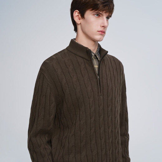 GIOVANNI VALENTINO Autumn and Winter Half Turtle Collar Zipper Style Full Wool Twist Sweater Men's Casual Loose Sweater Brown S