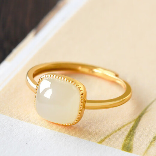Lao Fengxiang small sugar cube ancient gold deep Hetian jade couple ring women's ring birthday gift girls silver jewelry small sugar cube ring ancient gold deep Hetian jade + certificate + brand gift box