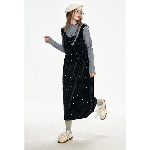 Fairy's Pocket Bright Silk Chenille Dress Bottoming Shirt Two-piece Set Women's 2025 Autumn and Winter New Style Beautiful Suit Temperament Black S