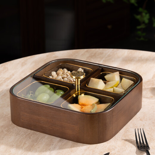 Flower Language Four Seasons Home Living Room Dried Fruit Box Solid Wood Nut Snack Storage Box 2025 New Chinese Style Melon Seed Candy Compartmented Fruit Plate Jinfu Handle 4 Compartments Rounded Corners Single Layer + 4 Square Bowls