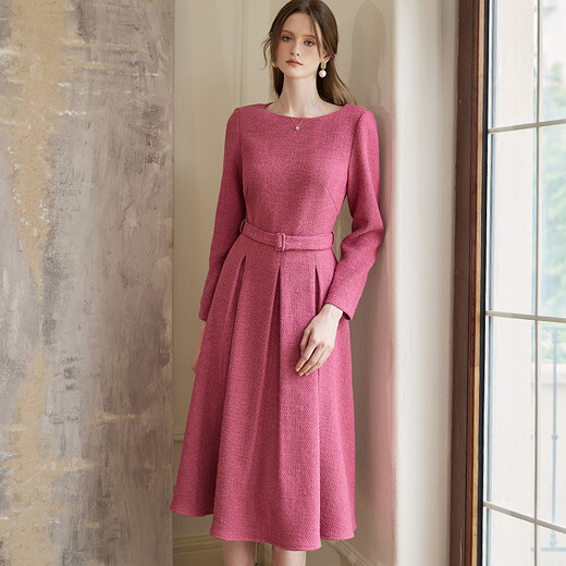 ROEYSHOUSE Luo Yi Elegant Strappy Tweed Dress 2025 Autumn Temperament Swing Skirt 09607 Rose Red M
