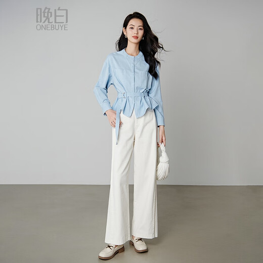 Late White Exclusive 2025 Autumn Design Top with Waist Belt Slim Elegant Shirt for Women Light Blue L