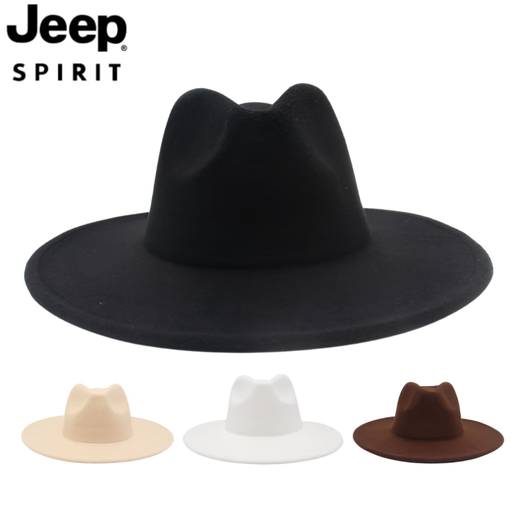 JEEP SPIRIT9.5cm big brim British style hat wide brim European and American jazz hat simple felt hat classic retro woolen hat for men and women white (buckle belt) one size fits all (56-60cm) brim width 9.5cm