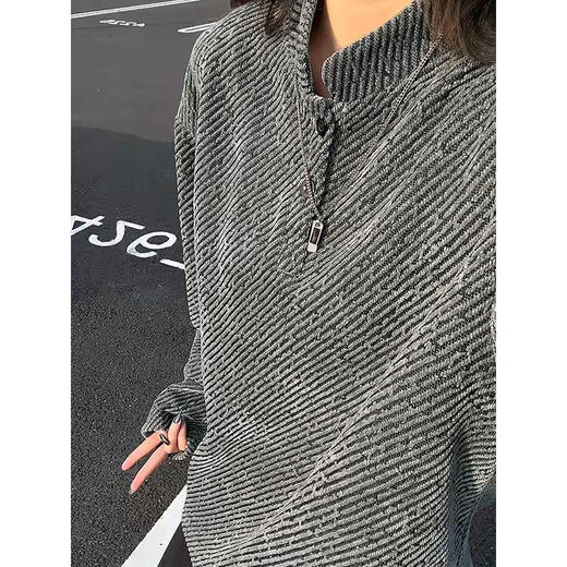 Introducing American retro Henry collar twill chenille long-sleeved T-shirt men's autumn casual sweatshirt large size loose bottoming shirt white gray L