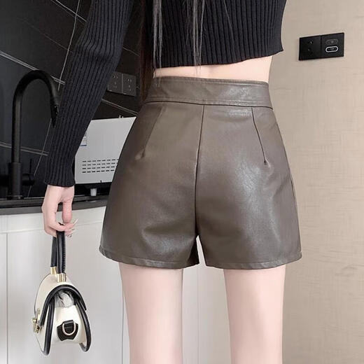 New style small leather shorts for women in autumn and winter, new black American shorts, versatile high-waisted, A-line European goods, black L (recommended 105-110 Jin Jin equals 0.5 kg)