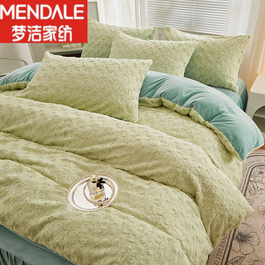 Mengjie Home Textiles 2025 New Thickened Rabbit Plush Sheets Four-piece Set Milk Velvet Baby Velvet Rabbit Velvet Cut Flower Solid Color Rosehip Green Sheets 1.5m Four-piece Set