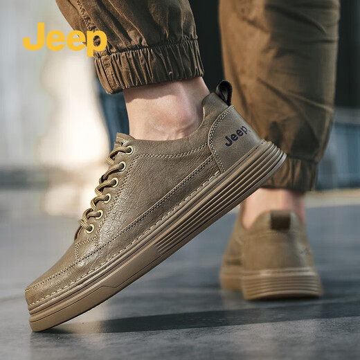 Jeep men's shoes spring and autumn all-match casual shoes cowhide sneakers outdoor sports work shoes black small leather shoes