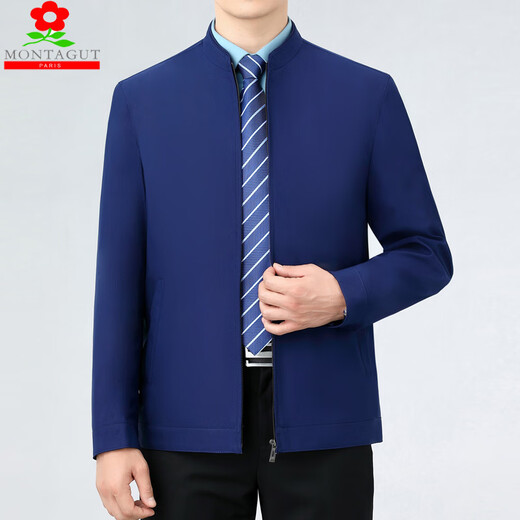 MONTAGUT Mulberry Silk Jacket Men's Spring and Autumn Middle-aged and Old Year of the Year Red Stand-up Collar Jacket for Dad's Wedding Banquet Top Stand-up Collar-Dark Blue M 170