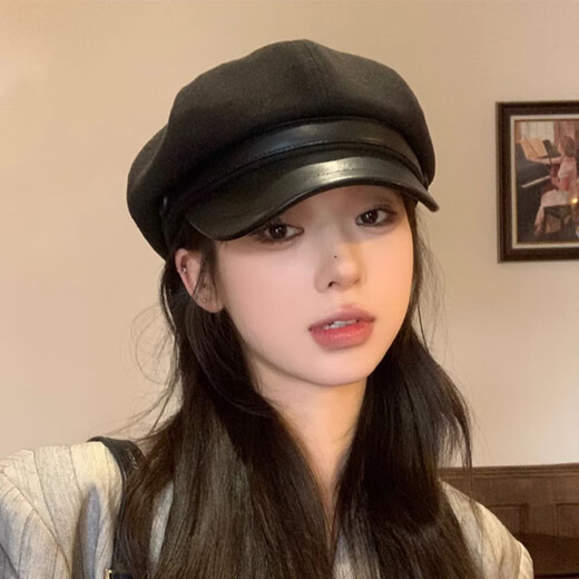 Duokeyu beret hat women's octagonal hat newsboy hat fashionable style big head circumference 2025 new autumn and winter high-looking woolen leather retro beret black