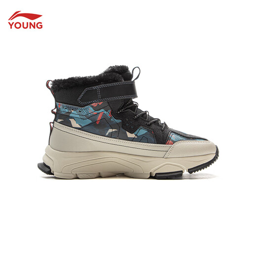 Li Ning children's shoes, children's cotton shoes, men's and women's warm 2 plus velvet warm shock-absorbing rebound high-top sports shoes YKCV172 silver birch gray/crown blue/black-35 34