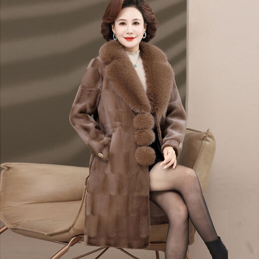 Nuo Wei middle-aged and elderly women's foreign style imitation mink velvet coat large size foreign style mother's winter fur all-in-one thickened warm coat camel XL recommended 90-115Jin Jin equals 0.5kg (selected quality)
