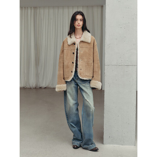 Fu Zhien Christmas Market Contrast Lapel Shaved Pressed Merino Fur One-piece Fur Short Jacket Light Khaki Australian Imported Matte Velvet Merino M