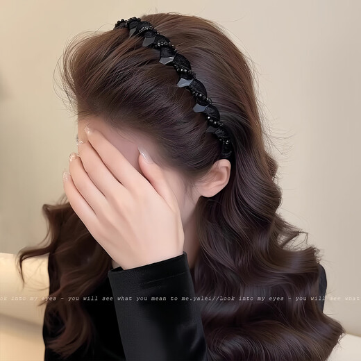 Bosiya light luxury temperament small fragrance style handmade beaded headband the same style as the Princess of Paris, trendy and versatile headband hair accessories 1# beaded headband black