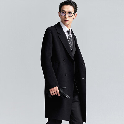 Angel Bird Coat Men's 100% Wool Autumn and Winter Casual Long Double-sided Wool Coat Slightly Wide Loose Fashion Jacket Obsidian Black 2XL -52(185/104)