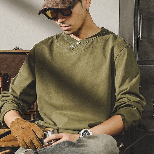 Jeanswest American heavy combed cotton t-shirt men's autumn and winter new solid color loose Henry collar trendy brand long-sleeved T-shirt military green 2XL suitable for 160-180Jin Jin equals 0.5 kg