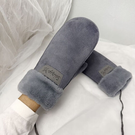 Baichao warm all-inclusive gloves, suede for women, winter plus velvet, windproof and warm, cute student halter neck cycling, random hair for children, one size fits all, thickened version with rope