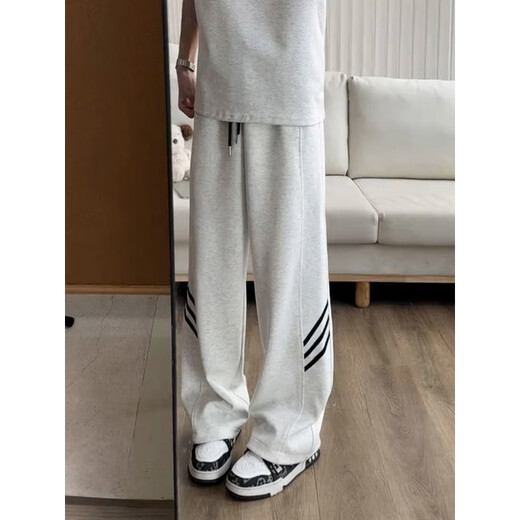 Cantu American retro three-stripe sports casual pants for men in autumn and winter trendy brand loose bootleg sweatpants high street scimitar pants white gray regular style XL