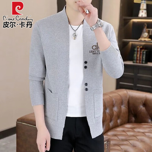 Pierre Cardin high-end wool knitted cardigan jacket for men spring and autumn new style fashionable and versatile outer wear long-sleeved sweater gray 2XL recommended 150-165Jin Jin equals 0.5 kg