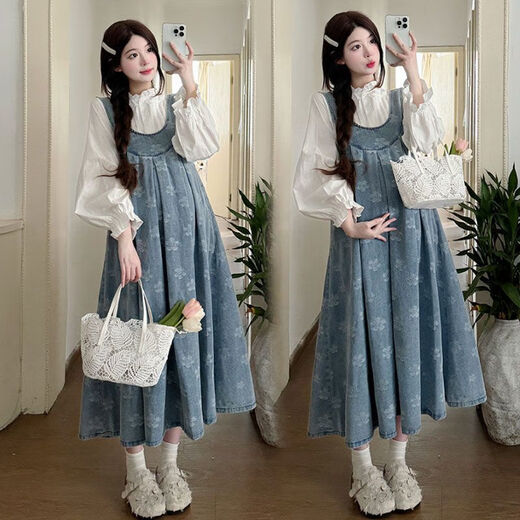 Dangtong Maternity Suit Autumn Fashion Suit Loose Mid-Length Trendy Mom Denim Maternity Suspender Skirt Outer Shirt Suit Flower Suspender Skirt + White Shirt XXL140-170
