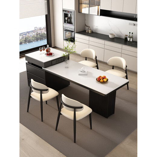 Quanyou (QUANU) 2025 new slate island dining table integrated home retractable 2025 new light luxury multifunctional solid wood rice cooker electric tea stove + tea tray island dining table + 4 hundred bird chairs orbital socket 75cm 200x80x